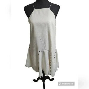 Moon River Blissful Dream Ivory Tank Dress Linen Blend Keyhole Mini Frayed